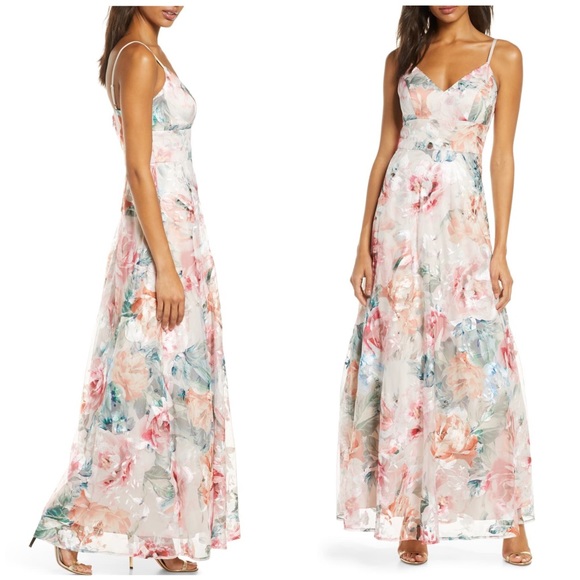 Eliza J floral print embroidered mesh gown - Picture 4 of 10